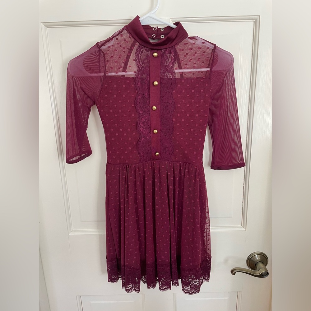 Burgundy Sheer Lace Dance Dress with Gold Buttons